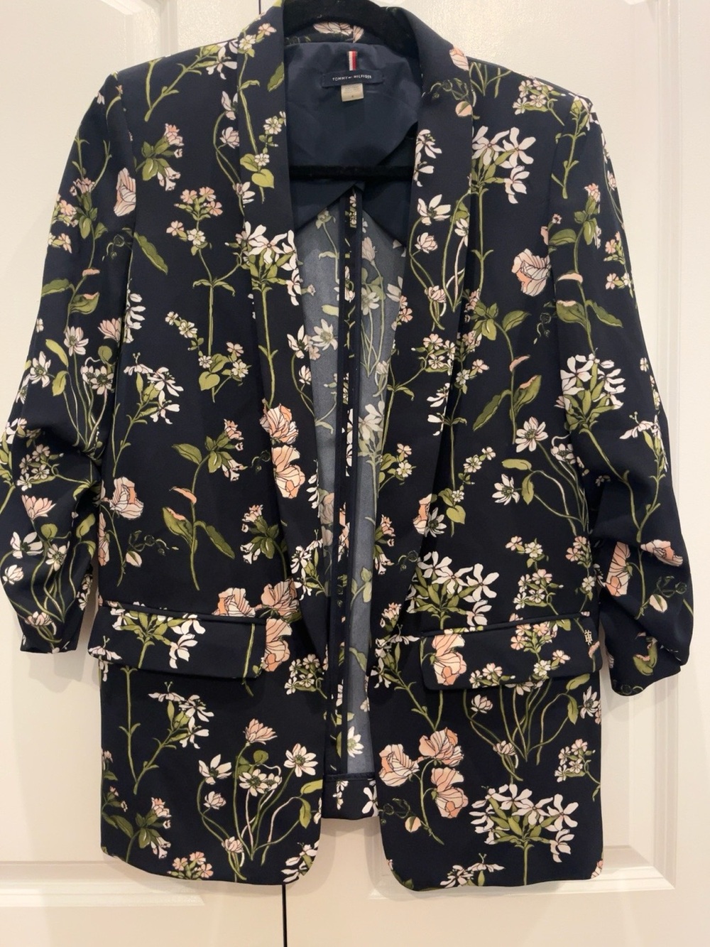 Tommy Hilfiger Navy Floral Ruched Sleeve Blazer Size 4